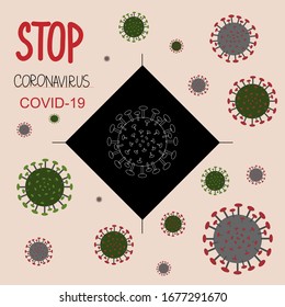 Stopp des Konzepts des Ausbruchs von Coronavirus. Warnbanner mit abstrakten Virusstammmodellen von Novel Coronavirus 2019-nCoV gefährlichen Zellen.
 Vektorillustration