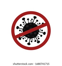  Detén el coronavirus. Brote de coronavirus.Icono del Coronavirus con signo de prohibición roja. Peligro del coronavirus y enfermedad de riesgo para la salud pública .  Concepto médico de pandemia con células peligrosas.Ilustración vectorial