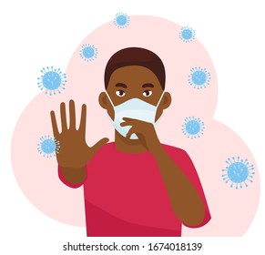 Detén el coronavirus. Ilustración vectorial del brote de coronavirus. Ropa respiratoria y protectora con mano arriba.