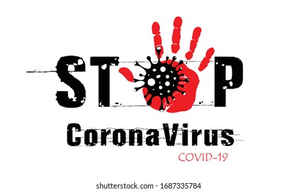 Stop coronavirus. Coronavirus outbreak vector illustratin. Pandemic medical concept with dangerous cells.  Palm gesture denoting stop.