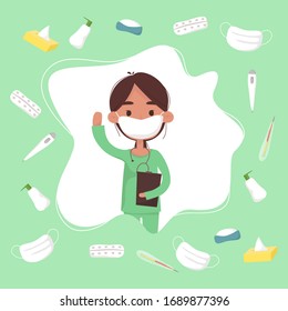 stop coronavirus. Coronavirus outbreak vector illustration. nurse with a raised hand. Icons of protection against diseases.