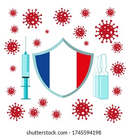 Stop the coronavirus. A pandemic medical concept. Universal vaccination. Syringes and a vial of vaccine. Improving the state of the nation. Vaccinations against the virus in France