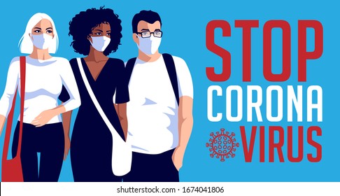 Stop Coronavirus pandemic. People in white medical face mask. Vector illustration of coronavirus quarantine.  Design concept for banner, poster, background template. 
