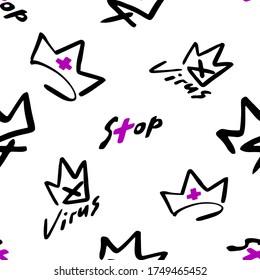 Stop coronavirus pandemic. Seamless with corona virus symbols and sign stop. Vector illustration in sketch graffiti style. home quarantine symbols on white background.
