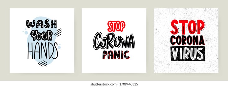 Beenden Sie die Panik des Coronavirus-Systems, indem Sie auf weiß schreiben. Vektorillustration-Schriftsätze für die Pandemie-Gefahrenwarnung 2020.