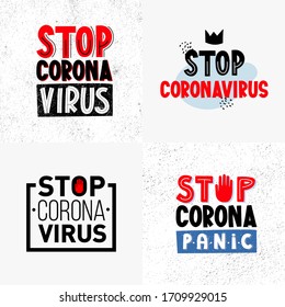 Beenden Sie die Panik des Coronavirus-Systems, indem Sie auf weiß schreiben. Vektorillustration-Schriftsätze für die Pandemie-Gefahrenwarnung 2020.