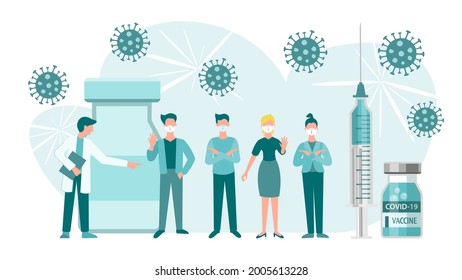 Stop coronavirus people say. vaccination covid 19. Doctors recommend mandatory vaccination, syringe and dose of covid 19 vaccine Concept vector illustration