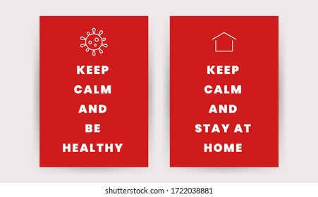 Stop Coronavirus posters. Keep calm sign stay home be healthy design templates. Quarantine banners, vector illustration
