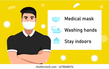 stop coronavirus. Precautions for the epidemic of the virus. use medical, mask, antiseptic, hand wash, stay at home. vector illustration