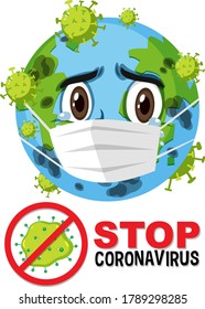 Stop coronavirus prohibit sign with earth cartoon character attack by coronavirus illustration