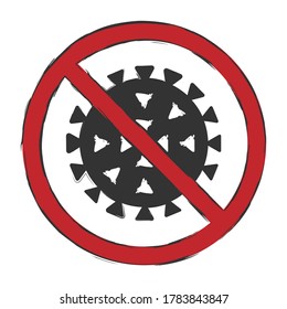 Stop coronavirus prohibition icon. No virus disease symbol. Influenza epidemic logo. Covid-19 sign. Black silhouette isolated on white background. Vector illustration image.