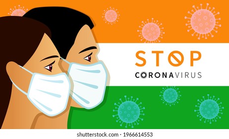 Stop Coronavirus, quarantine concept with men and women in medical mask on India flag. Time to vaccinate banner - vaccine for COVID-19 and social distancing for Indian people