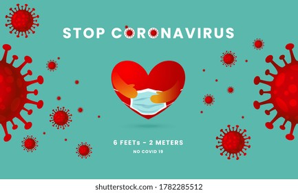 stop the coronavirus, red heart protected by wearing a mask, on light green background, Social istancing, anti coronavirus concept. Poster. Sticker. Vector illustration.