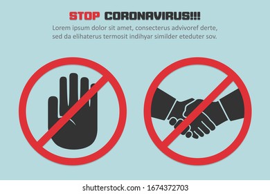 Detener el coronavirus con rojo prohibir la señal de apretón de manos en un fondo de concepto de diseño plano