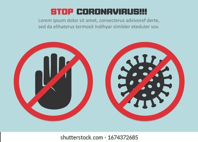 Stop coronavirus with red prohibit sign in a flat design concept background