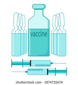 Stop the coronavirus. Risk of disease outbreaks in public health. A pandemic medical concept. Universal vaccination. Syringes and a vial of vaccine. Improving the state of the nation.