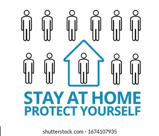 Stop coronavirus. Self isolation. Home quarantine from Covid-19. Recomendation to prevent spreading coronavirus. Crowd of people and a man isolated at home. Vector illustration, poster. Stay at home.