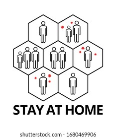 Stop coronavirus. Self isolation. Home quarantine from Covid-19. Recomendation to prevent spreading coronavirus. 
Individuals, families in 
honeycomb cells. Vector illustration, poster. Stay at home.