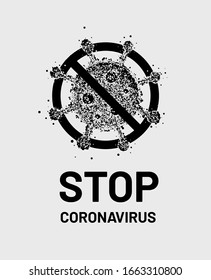 Beenden Sie das Coronavirus-Zeichen. Coronavirus 2019-nCoV-Warnhinweis. Kein Infektionskonzept. Gefährliche Ansteckung in China, Wuhan. Neuartiges Koronavirus mit STOP-Zeichen überkreuzt. Schwarz auf Weiß. Vektorillustration