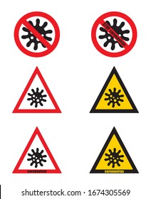 Stop the Coronavirus sign. Coronavirus Bacteria Cell Icon, 2019-nCoV in caution traffic signs. Warning symbol of COVID-19, MERS-Cov, Novel coronavirus (2019-nCoV). Vector icon set of epidemic control