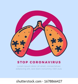 Stop coronavirus sign with lungs and virus in doodle style. Covid-19 prevent concept