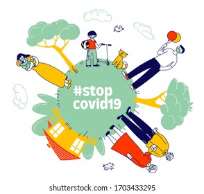 Stop Coronavirus, Stay at Home Concept. Big Family of Grandparents, Parents and Children in Masks at Earth Globe with House and Green Trees. Father, Mother, Baby. Linear People Vector Illustration
