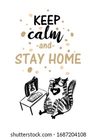 Stop coronavirus stay home poster. Watercolor vector illustration of funny cat.