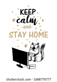 Stop coronavirus stay home poster. Watercolor vector illustration of funny cat.