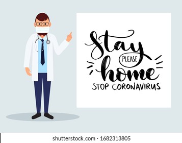 Stop coronavirus! Stay home! Vector medical illustration. Medical support. Doctor in virus mask. Virus in China. Wuhan corona virus illustration.