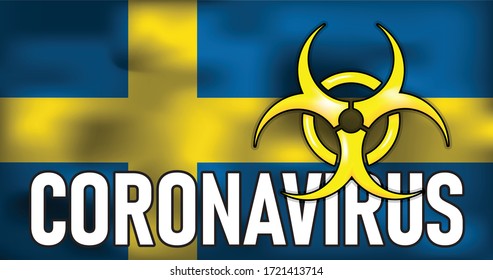 Stop coronavirus in Sweden vector conceptual medical illustration biohazard sign on the flag background