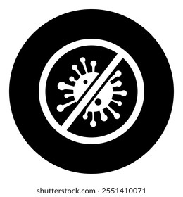 A stop coronavirus symbol in the center. Isolated white symbol in black circle. Vector illustration on white background