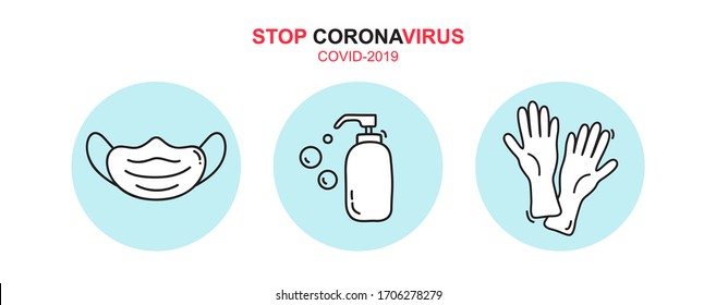 Stop coronavirus text icon. Vector monoline soap gel bottle sanitizer, medical mask and rubber gloves icons. Simple element illustration for covid-19. Personal hygiene.