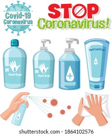 Stop coronavirus text sign with coronavirus theme and sanitizer products illustration