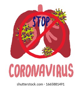 Stop coronavirus text social warning on white isolated backdrop. Infected lungs art for medical poster, attention banner, info card. T shirt or hoody print. Hand drawn style stock vector illustration