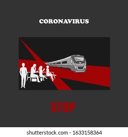 Stop coronavirus. Train and passengers - dark background - vector. Travel Alert Concept. Health Risk. Pandemic concept