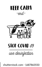 Stop coronavirus use desinfection poster. Watercolor vector illustration of funny cat.
