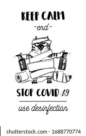 Stop coronavirus use desinfection poster. Watercolor vector illustration of funny cat.