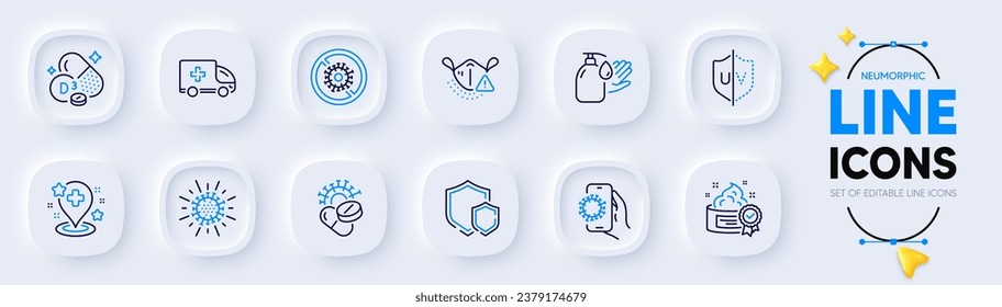 Stop coronavirus, Uv protection and Covid app line icons for web app. Pack of Coronavirus pills, Hospital, Medical mask pictogram icons. Cream, Shields, Wash hands signs. Neumorphic buttons. Vector