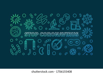 Parar el banner vectorial Coronavirus colorido. Concepto de virus ilustración horizontal de esquema en fondo oscuro