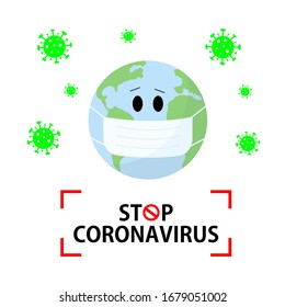 Stop coronavirus vector content. Earth planet in a medical face mask on a white background