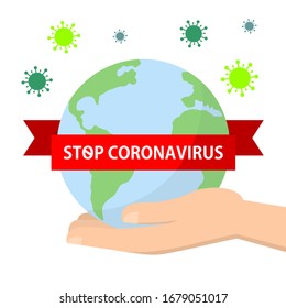 Stop coronavirus vector content. Hand holding earth planet on a white background