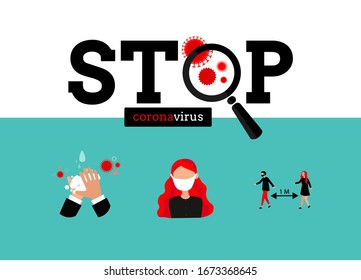 Stop Coronavirus. Vector illustration, flat design. Pandemic medical concept. Dangerous virus. Asian flu. Wuhan. Coronavirus COVID-19 preventions.  