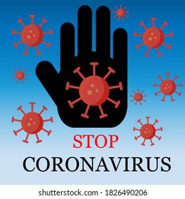 Stop Coronavirus. Vector illustration of  hand silhouette and viral cells. Concept of protection against infection Covid-19.