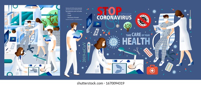 Stop coronavirus! Vector illustration research coronavirus COVID-19
 in laboratory; doctor quarantined patient; disease symptoms; medical treatment, healthcare. Drawings for poster, cover, background 