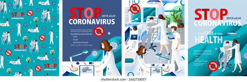 Stopp Coronavirus! Vektorillustration-Plakate für die ärztliche Forschung Coronavirus 2019-nCoV im Labor; isolierte Patienten mit Krankenschwester; ärztliche Behandlung oder Vorbeugung. Vektorillustration-Illustration auf с oder Hintergrund 