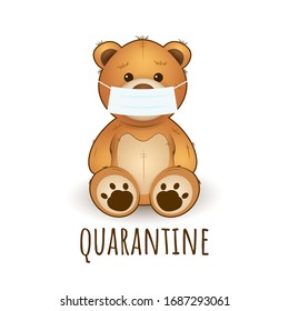 ¡Basta de coronavirus! Oso de peluche vectorial con máscara de virus.Cuarentena Covid-19