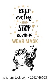 Stop coronavirus wear mask  poster. Watercolor vector illustration of funny cat.