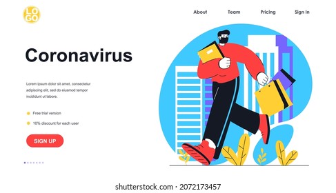 Detener el concepto de banner web de coronavirus. Un hombre con máscara médica va a trabajar a la oficina. Lucha contra la infección viral, precauciones plantilla de la página de inicio. Ilustración de vectores con escenas de personas en diseño plano
