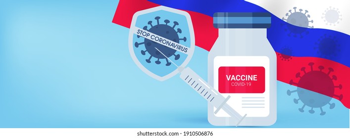 Stop coronavirus. Web-banner template of the Russian sign covid - 19 vaccine with a syringe. On a blue background.