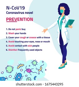 STOP Coronavirus. Woman doctor, nurse fighting Coronavirus symptoms. Doctor wearing a mask fighting COVID-19 symptoms concept. Flat vector illustration for banner, poster, flyer. Anti virus.